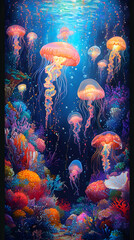 Jellyfish underwater coral reef.