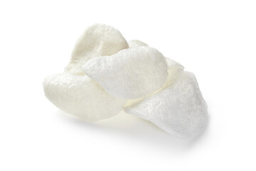 Prawn crackers, small pile of crunchy shrimp chips on white background