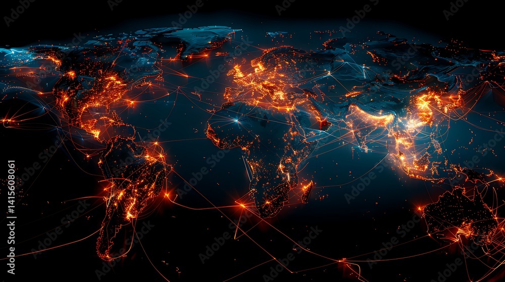 Poster stylized world map illuminated by glowing orange and red lights representing global connections, dat