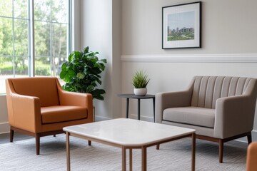 Modern real estate office waiting area with comfortable seating and natural light