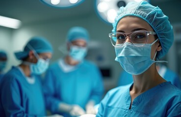 Portrait of female surgeon wearing scrubs and protective glasses in hospital operating theater. Medical staff in surgical mask and cap. Medicine professionals team, medical procedure.