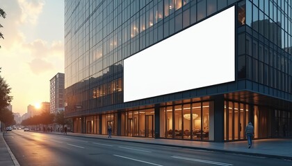 Obraz premium Blank billboard on modern building facade in city street. Advertising space banner. Clear display mock-up template for advertisement during sunset. Urban architecture cityscape marketing.