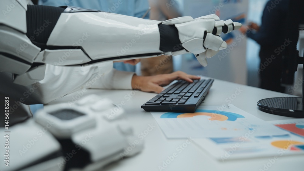 Poster a robotic arm points towards data charts on a desk, emphasizing technology in the modern workspace, 