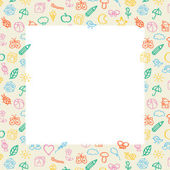 Fun cute frame of kids pattern colorful stickers, icons. Hand drawn doodles sketch children's elements. Сhildren's draw style design elements. Text box