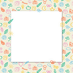Fun cute frame of kids pattern colorful stickers, icons. Hand drawn doodles sketch children's elements. Сhildren's draw style design elements. Text box