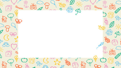 Fun cute frame of kids pattern colorful stickers, icons. Hand drawn doodles sketch children's elements. Сhildren's draw style design elements. Text box