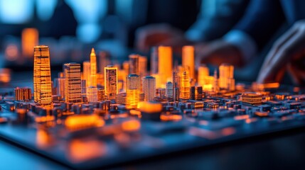 Diverse professionals analyzing futuristic city model