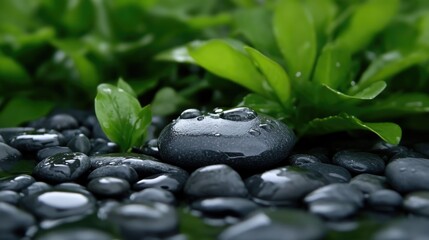 Dark stones, fresh leaves, zen, calmness, nature