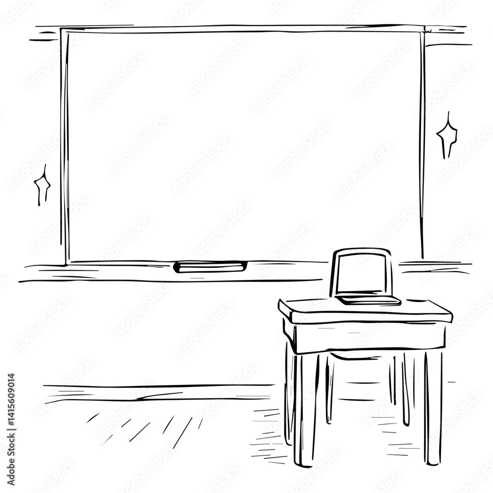 Poster classroom with empty chalkboard and desk in simple sketch style