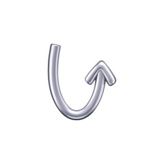 3D chrome doodle arrow in Y2K style, isolated on a dark background. Render of 3D chrome liquid curve and swirl arrow, rotating up, down, and right with a metal silver effect. 3D vector Y2K figure
