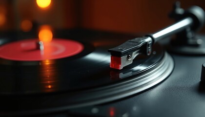 Classic turntable playing vinyl record. Black disc with red label spins. Vintage analog audio equipment. Music, sound, listening concept. Nostalgia for retro sounds. Audiophile leisure.