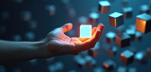 Hand holds glowing cube with floating cubes. Innovative creative technology concept. Futuristic digital design. Data stream processing, computer, engineering, science abstract. Modern business