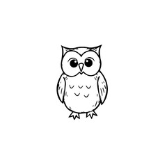 Illustrated owl character in a simple black and white style  