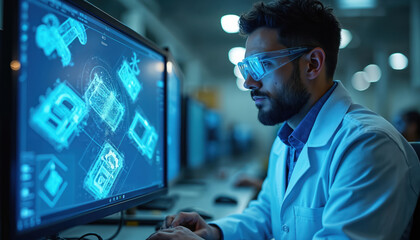 Industrial engineer designs prototype with CAD software on screen. Modern technology, engineering, innovation, digital design. Man in lab coat develops project. CAD modeling, computer aided design.