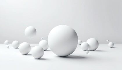 Abstract White Spheres Scattered on a Clean White Surface Minimalist 3D Render of Geometric Shapes