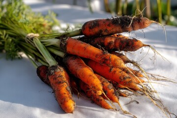 A close-up shot of freshly harvested carrots with their green tops, bundled together with twine, showcasing their natural and earthy texture on white linen.