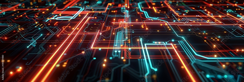 Poster abstract close-up of a futuristic circuit board with glowing pathways. orange and cyan light trails 