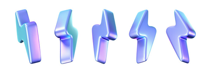 3D holographic lightning icons with a neon and chrome effect isolated on white background. Render of electric thunderbolt with a rainbow gradient. Energy, power and speed icon. 3D vector illustration