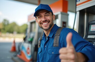 Happy gas station worker in blue uniform shows thumb up. Smiling man, employee at gas pump, recommends fueling service. Smiling employee in cap at work, recommends fuel. Positive feedback, good