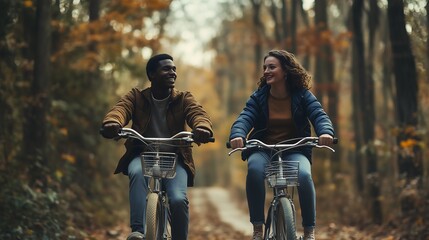 A Black male and a White female joyfully biking together on a serene autumn path.
