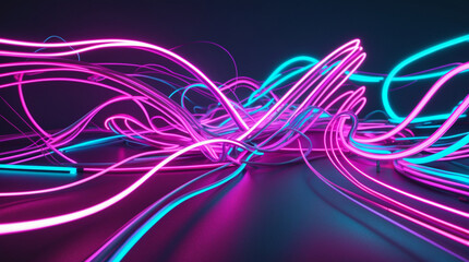 Fototapeta premium A vibrant, energetic dance of neon pink and blue light streams swirling and intertwining in a captivating, abstract flow on a dark reflective surface.