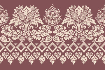 Motifs African boho paisley in cream color against a burgundy background. Floral Ikat pattern embroidery border. Ethnic floral Indian seamless.Aztec traditional textile design  © supachai