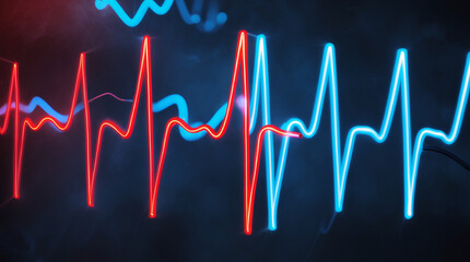 Fototapeta premium A vibrant pulse of life, a dynamic interplay of red and blue neon heartbeats against a dark smoky backdrop.
