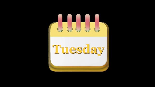 7 days 3d calendar with flipping weekday pages, peel off pages on transparent background with alpha channel.
