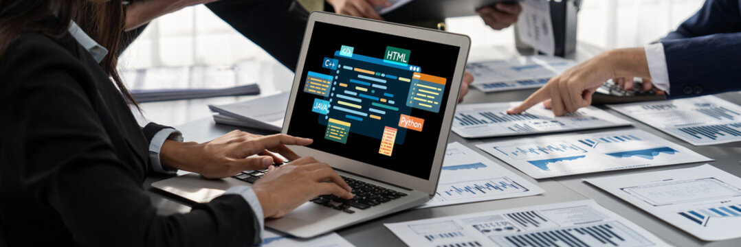 Software development or programming work with coding screen of various programming languages like HTML, Python, Java, and C brisk for new application development