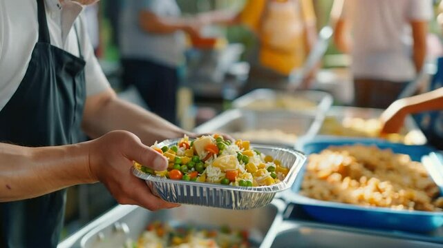 Serving Food at a Community Kitchen With Decorative Meals and Helping Hands