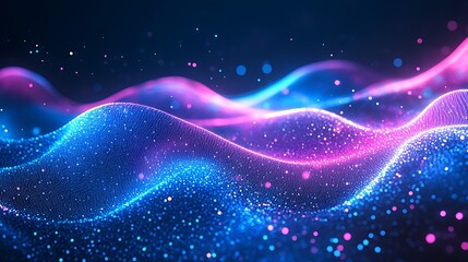 Fototapeta premium Vibrant Particle Wave in Pink and Blue, Abstract digital art with vibrant pink and blue particles creating a wave-like pattern
