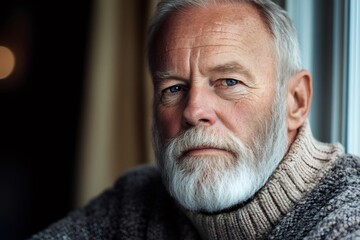 Portrait of a contemplative senior man with white beard and blue eyes