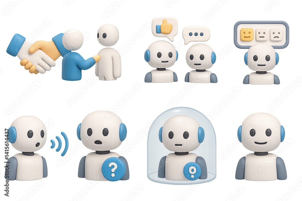 Aufkleber 3d icon set of robot-human interaction: handshake, user command, feedback screen, emotion detection,