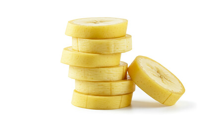 A tempting stack of ripe banana slices, ready to be enjoyed, showcasing their bright yellow color and smooth texture against a clean white backdrop.