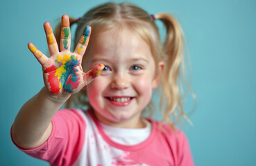 Adorable girl with Down syndrome joyfully shows colorful painted hand. Blond hair, blue eyes, pink shirt against blue background. Happy little artist enjoys creative process, expresses emotions