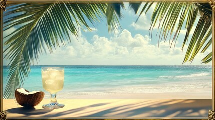 Obraz premium Tropical Beach with Coconut and Cocktail