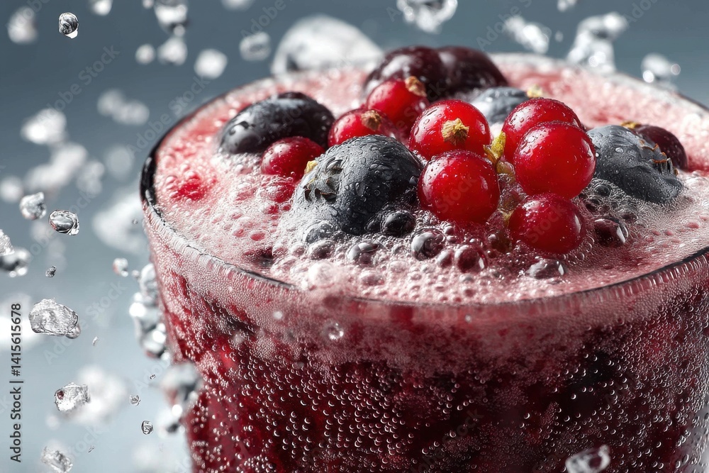 Poster a refreshing and fizzy mixed berry drink with red currants and blueberries, served with splashing ic