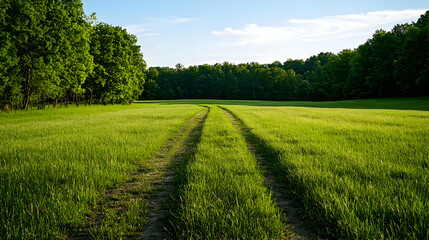 Obraz premium Green Meadow Path Through Forest In Sunny Day