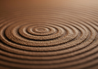 Naklejka premium Zen Garden Sand Spiral Texture Peaceful, Abstract, Circular, Textured, Brown, Calm, Meditation, Nature Background.