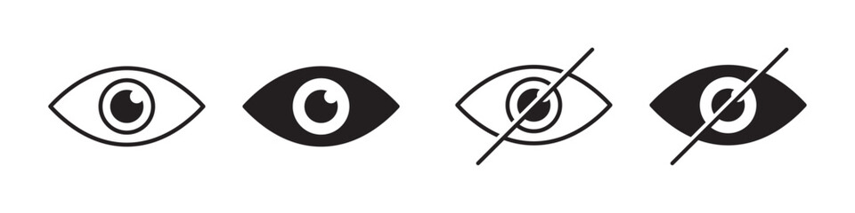 Eye Icons Vector Set, Black Silhouettes with Pupil, Crossed-out Eye for Privacy, Seen/Unseen, Show/Hide, and Vision Symbol Designs on White Background.