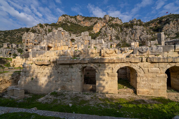 Ruins Myra Ancient City in Demre to Antalya, archaeology landmarks of Turkey. Remains of theatre in Myra, Greco-Roman ancient city in Antalya, Turkey.