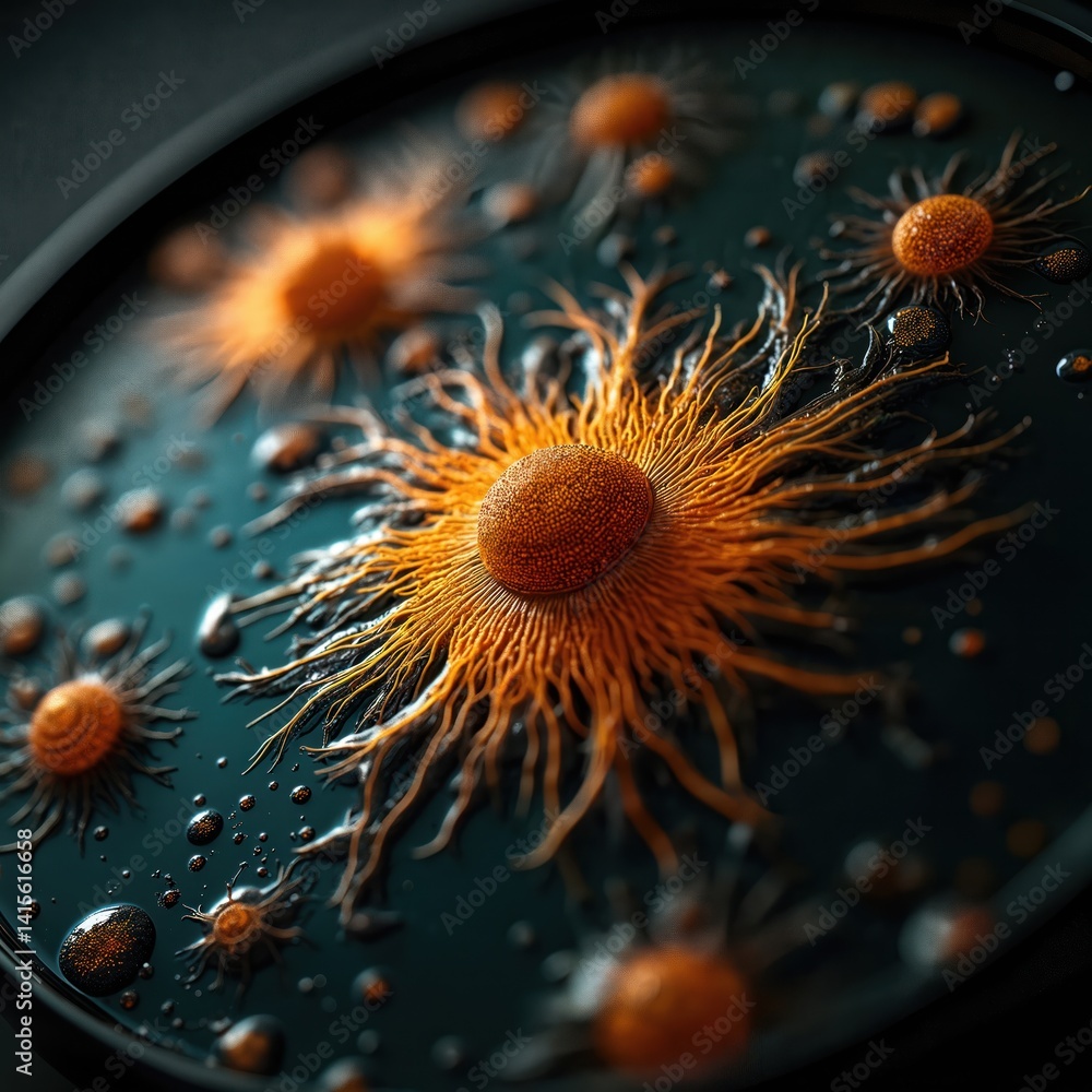 Poster abstract microscope close-up. microscopic view of orange, yellow fractal structures. artistic design
