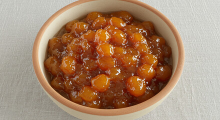 Golden mango chutney, a sweet and tangy delight served in a rustic bowl, showcasing a vibrant homemade texture.
