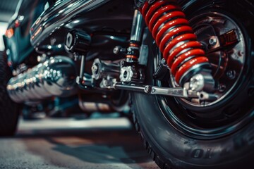 Fototapeta premium The structure of the modern car. Rear suspension. Shock absorber. Spring suspension