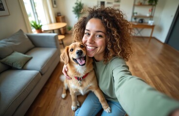 Naklejka na ściany i meble Young woman takes selfie with cute happy dog at home. Smiling girl hugs her pet. Adorable mixed breed dog with red collar, open mouth. Friendship, love, best friends, pet care, lifestyle.