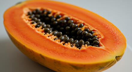 A vibrant, ripe papaya reveals its juicy orange flesh and numerous dark seeds, a delicious tropical treat showcasing nature's vibrant colors and textures.