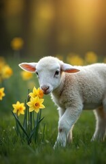Obraz premium White lamb sniffs yellow daffodil flower. Cute lamb smelling spring flower in green grass field. Sunny day, animals, nature, springtime. Easter holiday concept.