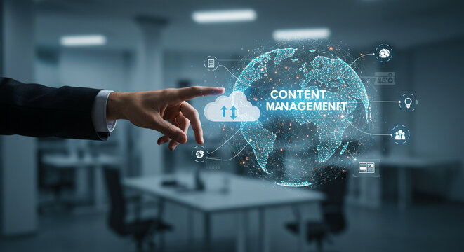 Content Management. Hand of man holding a global digital network connection, data-driven content distribution platform integration, cloud-based collaboration enhancing efficient workflow management