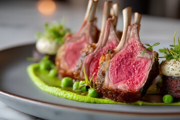 Delicious lamb chops plated with pea puree and herb garnish, a culinary masterpiece showcasing gourmet cuisine, appealing presentation, and refined dining experience