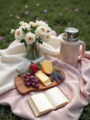 Soft picnic setup with wooden board and lavender